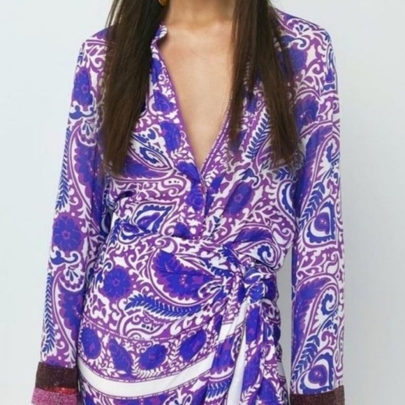 Zara Tops - Zara Vibrant Purple Paisley Boho Long Sleeve V Neck Blouse with Beaded Sleeves